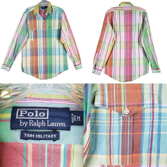 Ralph Lauren Polo Military Button Down Shirt Mens M Medium Plaid LS Flaw - Picture 1 of 12